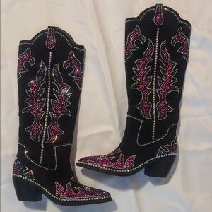 Black and Pink Heeled Boots with Intricate Embroidery